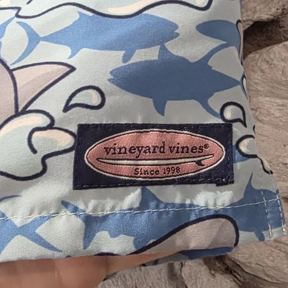 Vineyard Vines Chappy Swim Trunks Shorts Boys L (16) Blue Sharks Mesh Liner